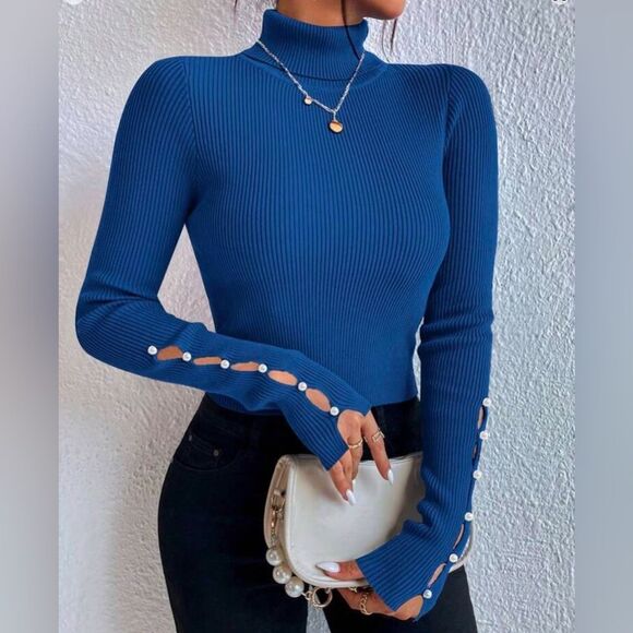 NWOT XXL 14 *Classic-Chic* Ribbed Turtleneck Sweater Pearl Slit Sleeves - Picture 1 of 3